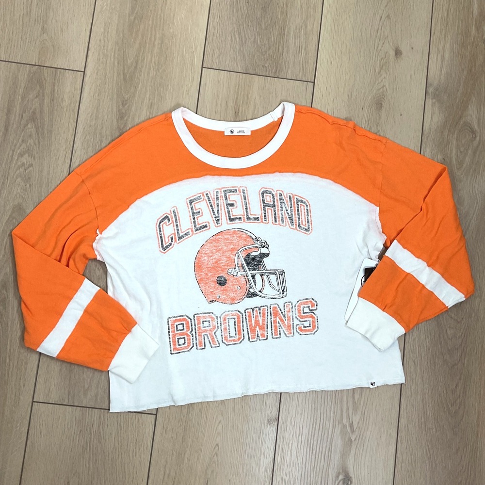 47 Brand Cleveland Browns‎ Long Sleeve Crop Shirt Orange White NFL Women's Large